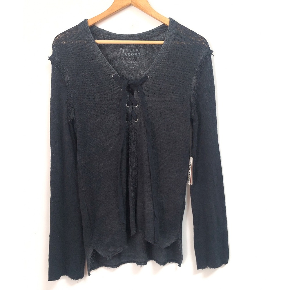 Tyler Jacobs for Feel the Piece Grey Long Sleeve Sweater with Lace Up Front